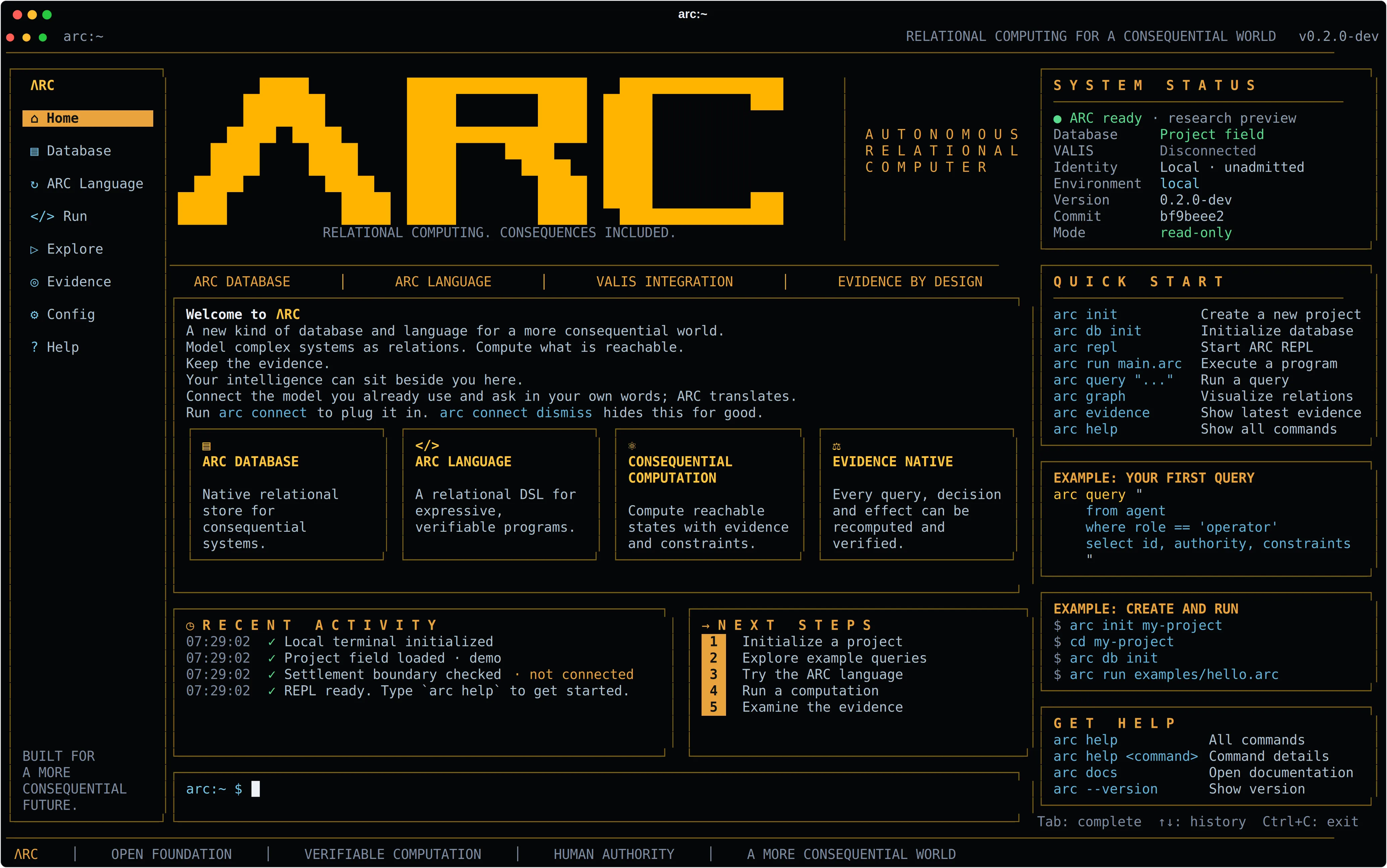 A fresh ARC project at first open, the welcome panel offering to connect the intelligence the person already uses